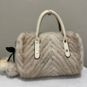 Ivory Real Mink Fur & Leather Handles Handmade Boston Bag & Mink Fur Bag Charm